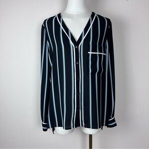 1. State Shirt Womens Large Stripe Button V Neck Career Office Pocket Black Blue